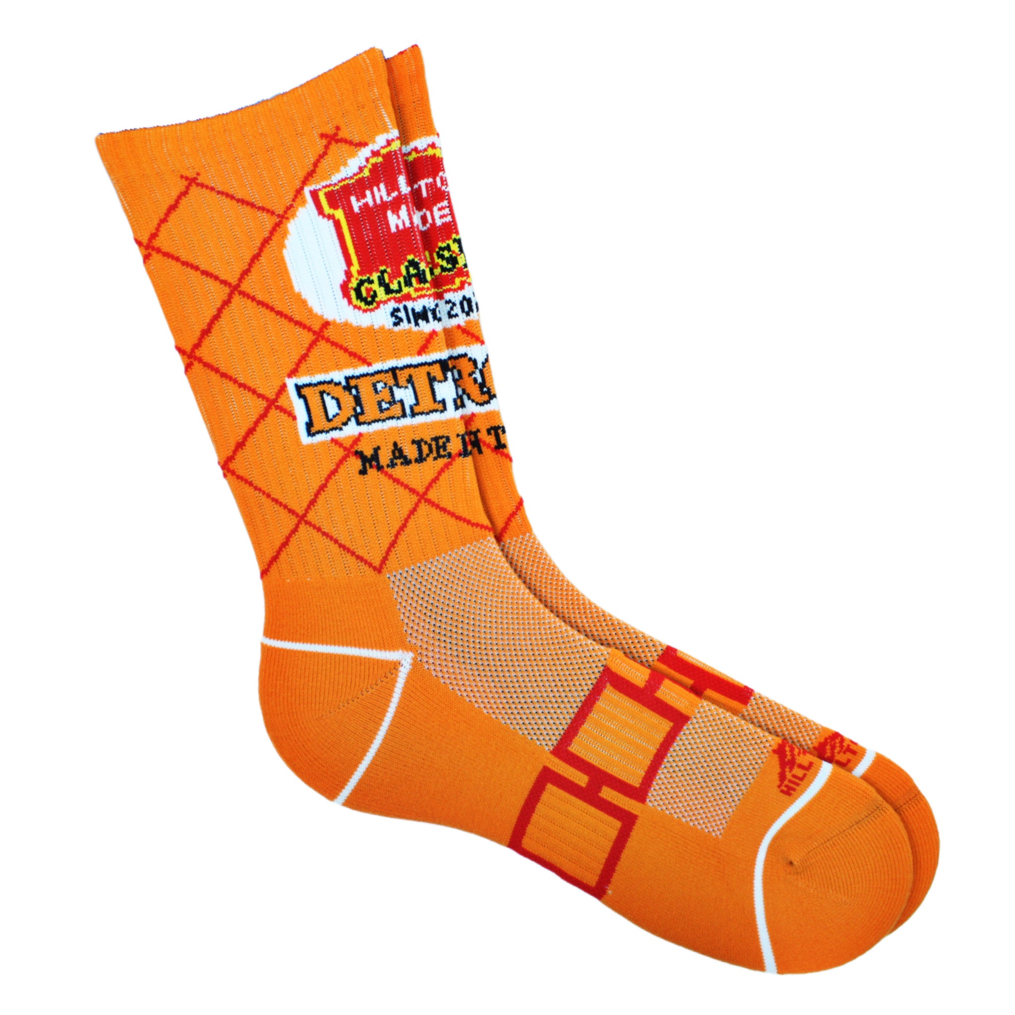 Orange sock with grid pattern and text on a white background