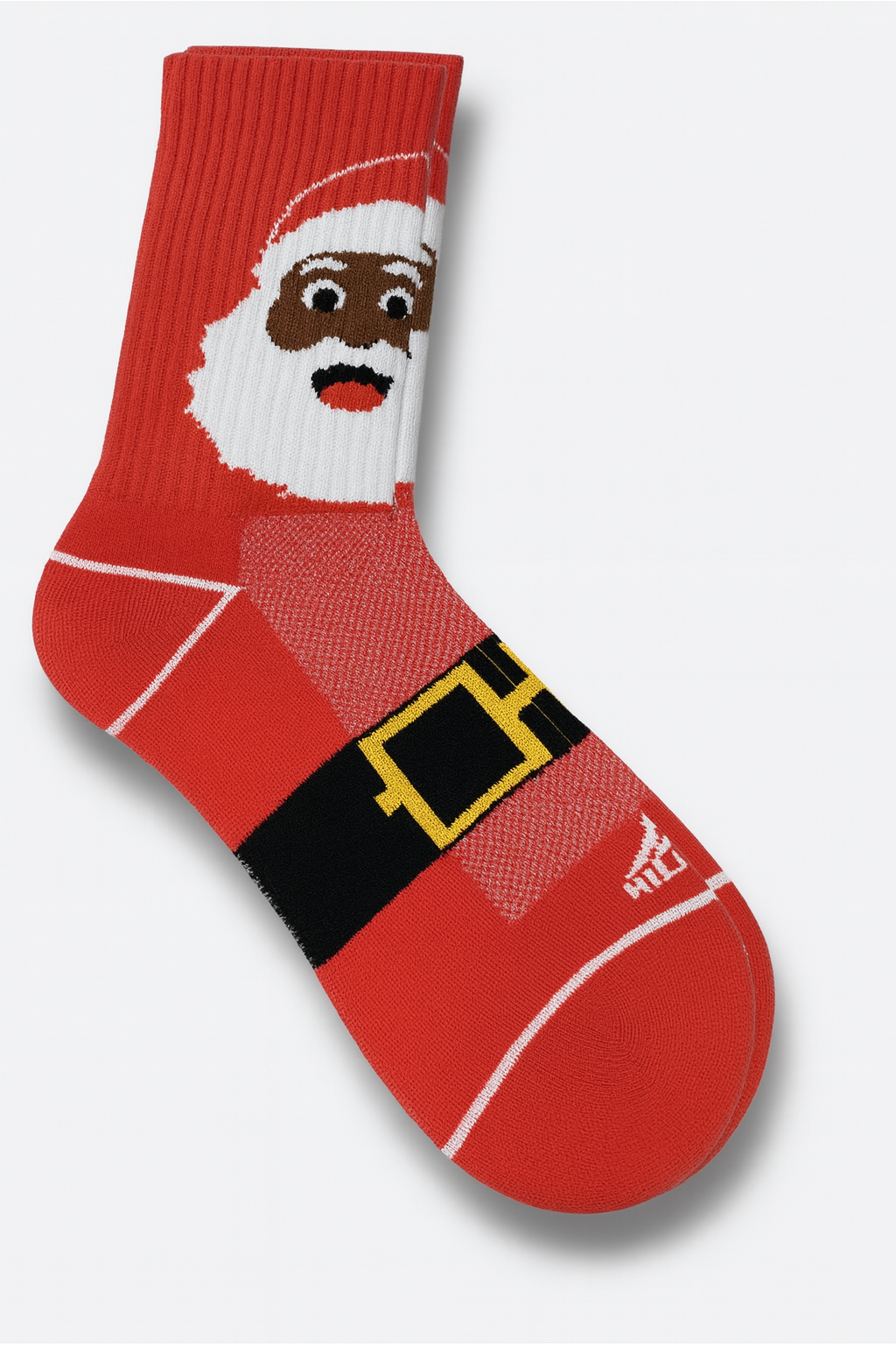 Red sock with a cartoon Santa face and belt on a white background
