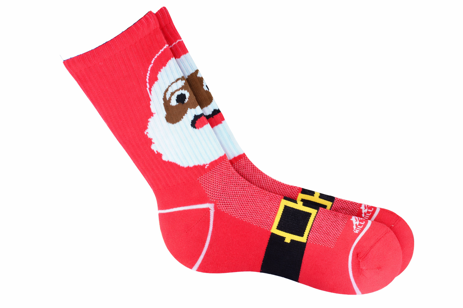 Red sock with a cartoon Santa face design on a white background