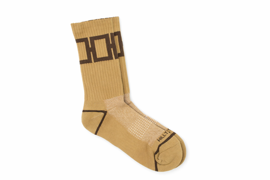 Coffee colored socks with dark brown logo 