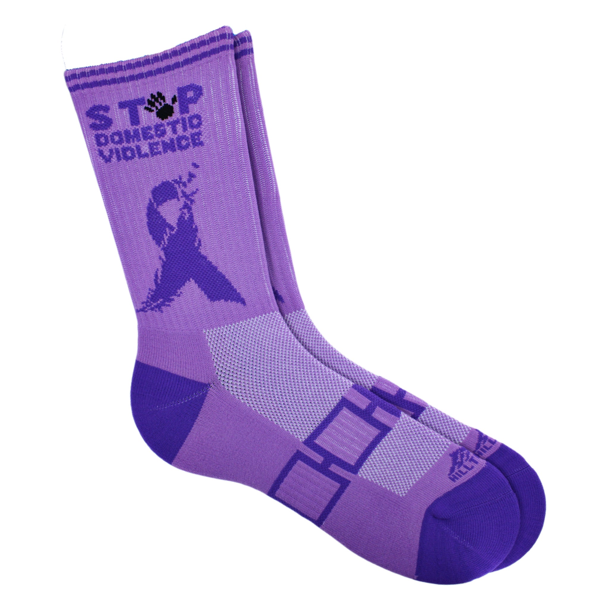 Purple sock with anti-domestic violence message on a white background