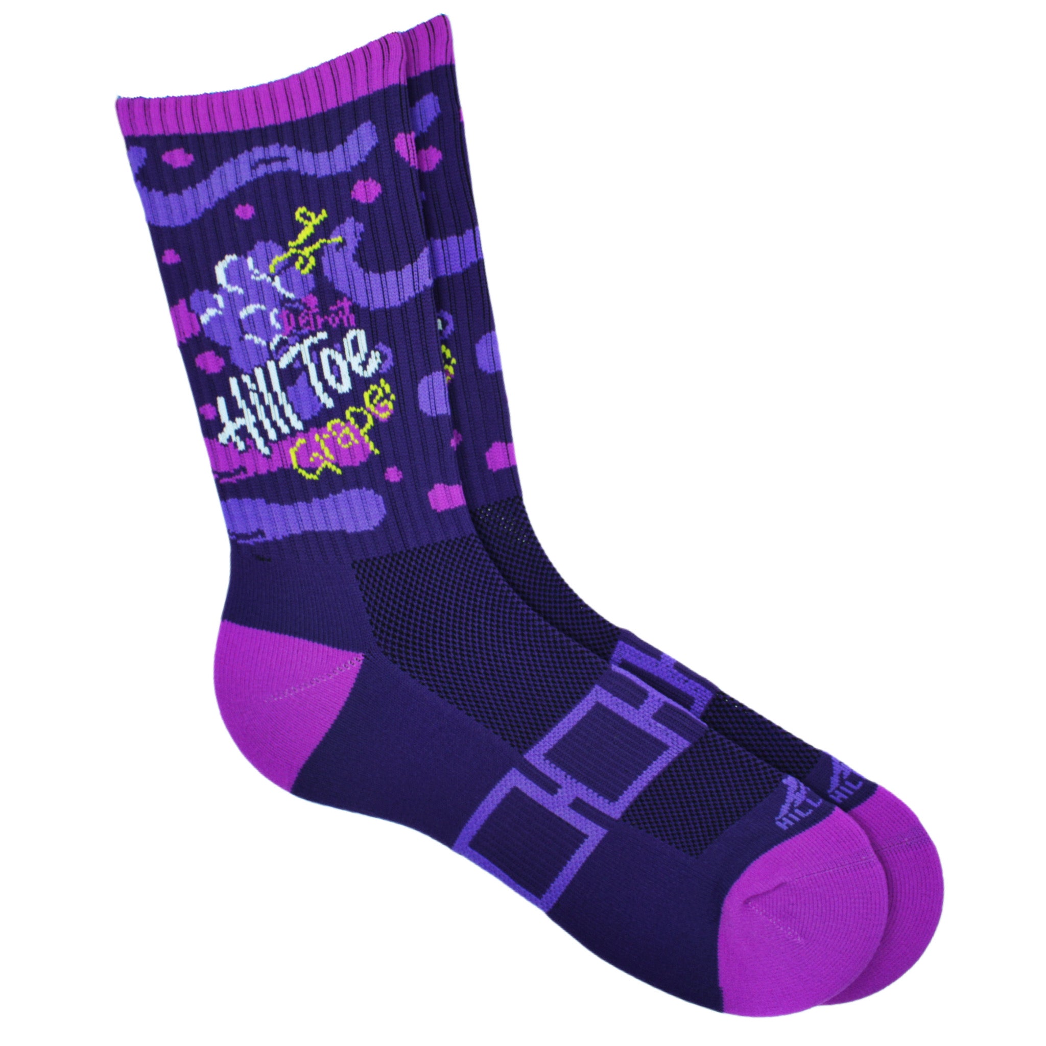 Purple sock with pink accents and text on a white background
