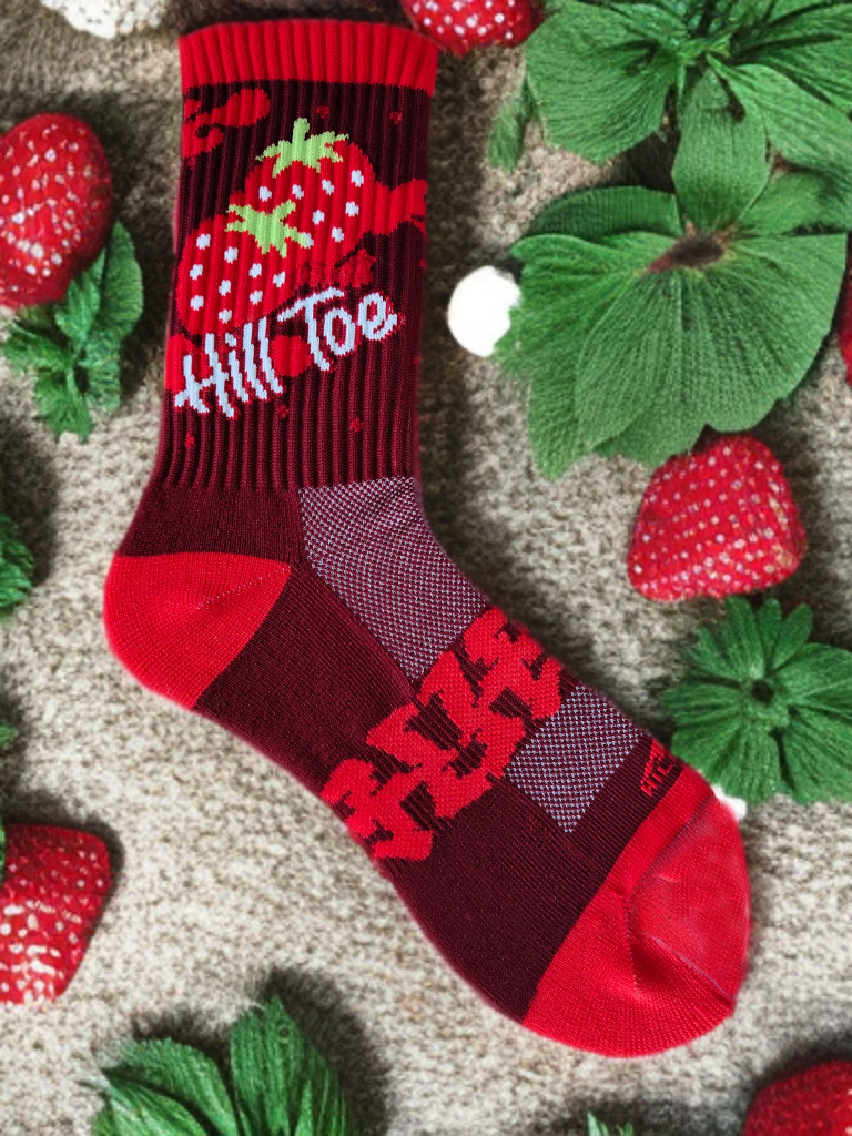  Hill Toe Strawberry Red Edition sock in vibrant red, designed with arch support and mesh instep, inspired by Detroit’s favorite fruity flavor.