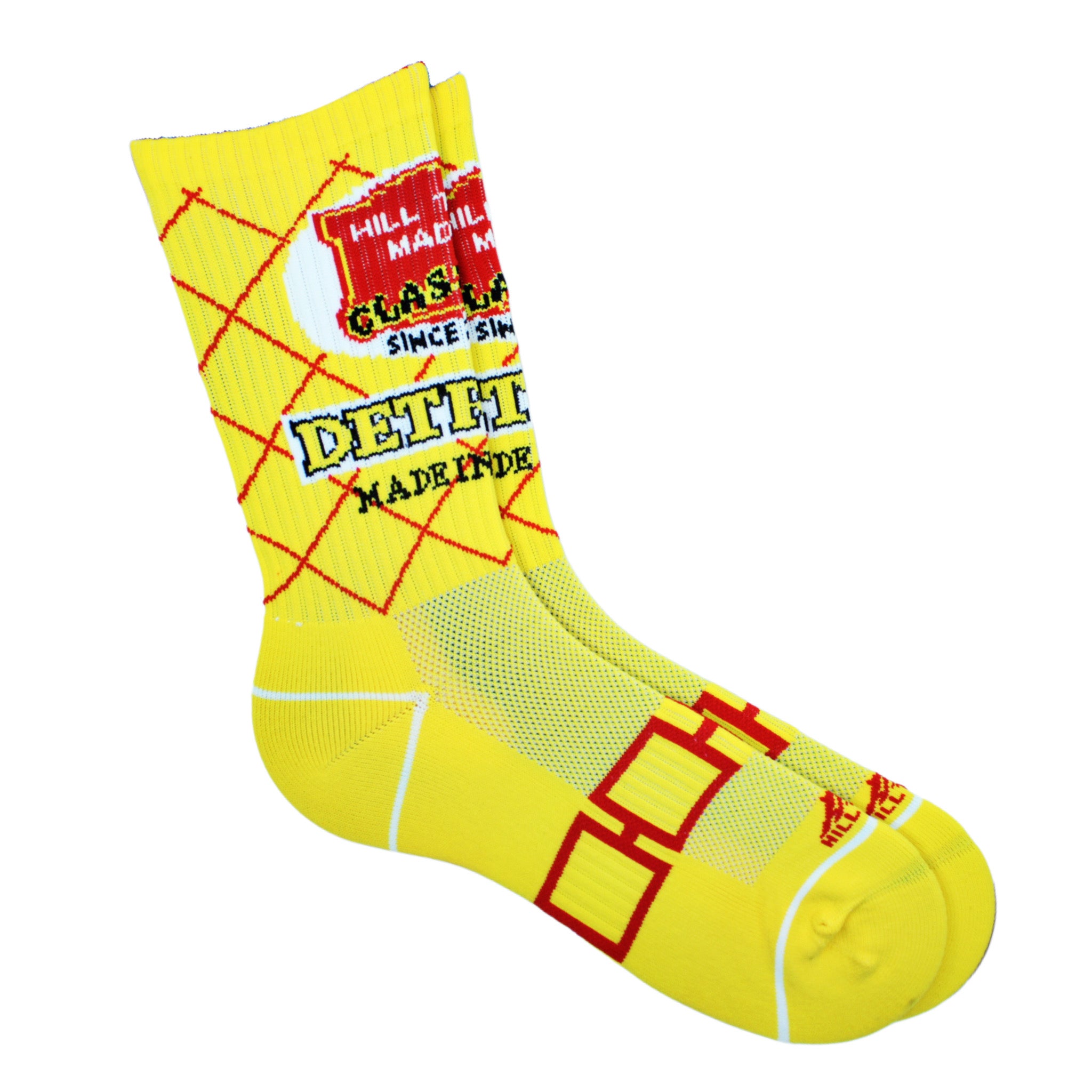 Yellow sock with red and white text and design on a white background