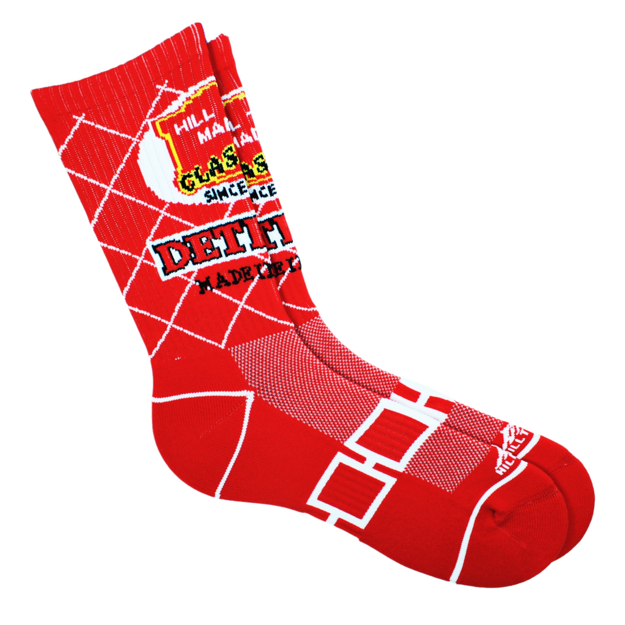 Red sock with white grid pattern and text on a white background