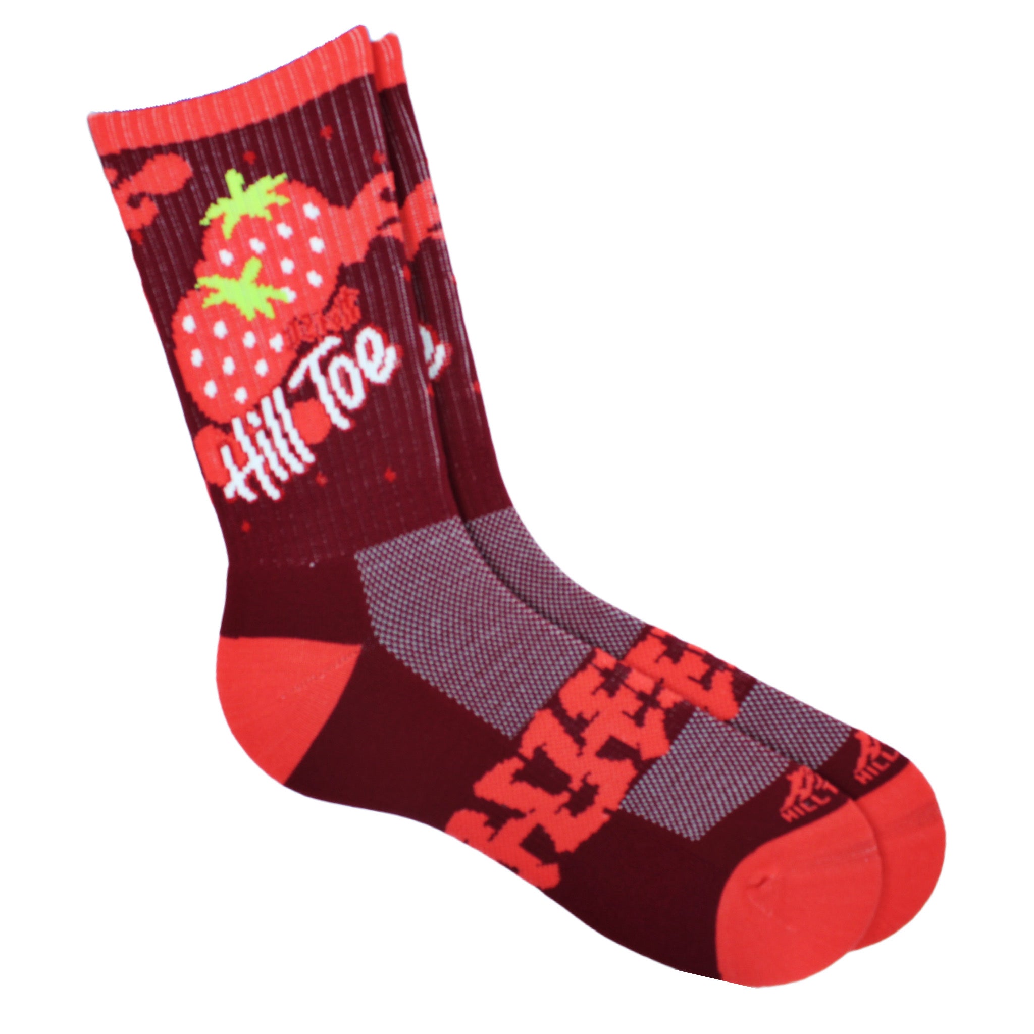 Colorful sock with strawberry design and 'Hill Toe text on a white background
