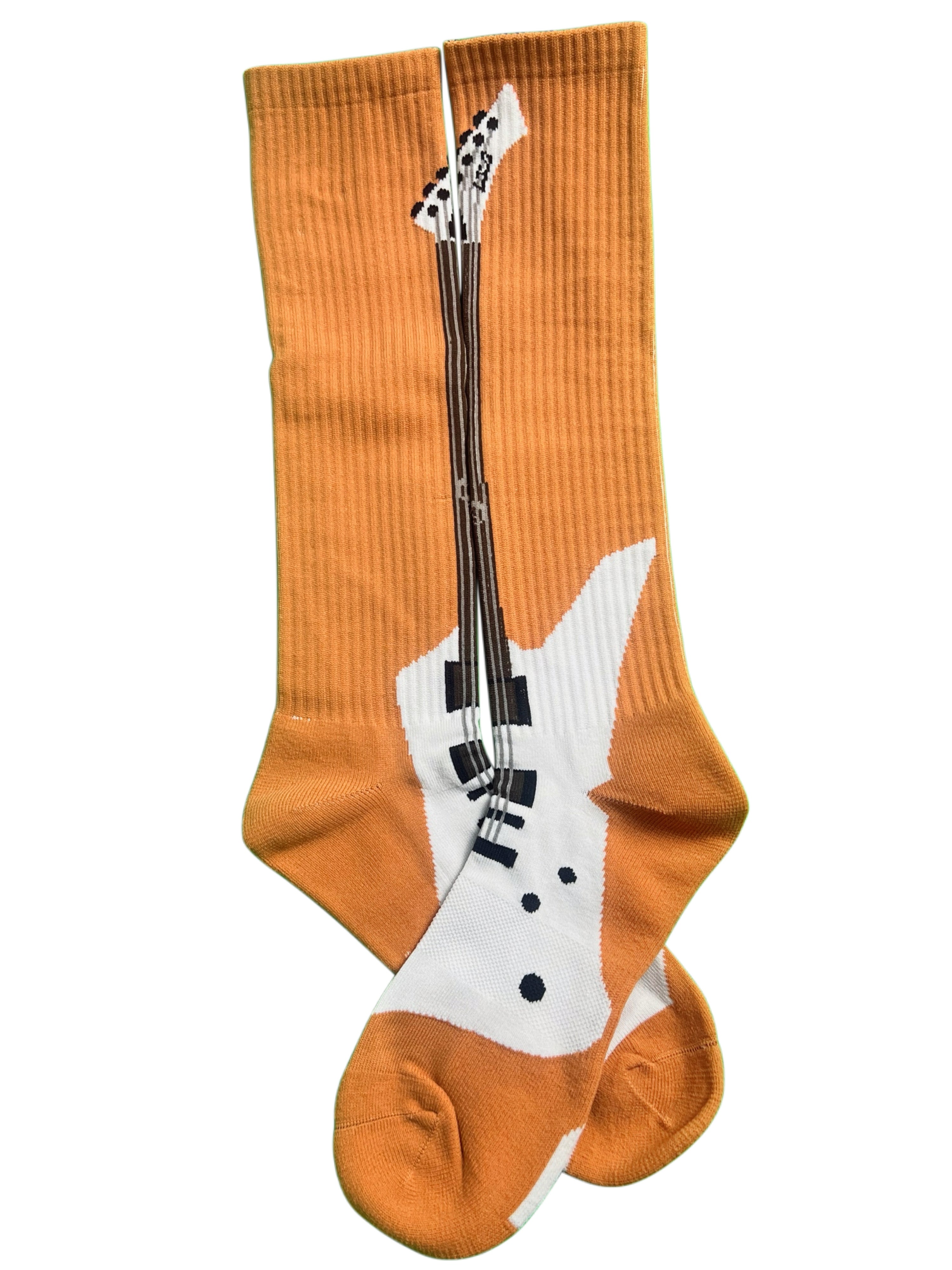 Coral sock with a guitar design on a white background