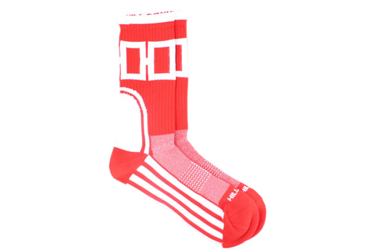 Red sock with white stripes on a white background